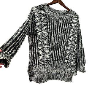 Chloe K Bulky Cable Knit Sweater Black White Drop Shoulder High Low Womens Sz M